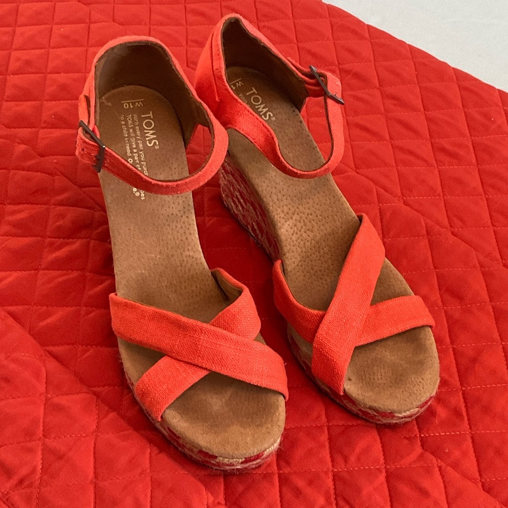 Toms Orange Canvas Cross‑Strap Wedge Sandals
